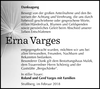 Traueranzeige von Erna Varges von WVG - Wochenspiegel Quedlinburg