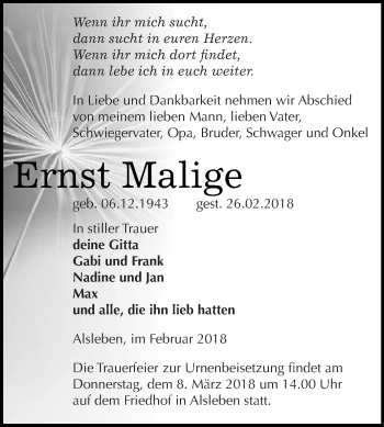 Traueranzeige von Ernst Malige von Super Sonntag Bernburg