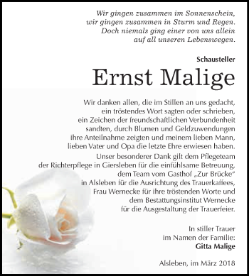 Traueranzeige von Ernst Malige von Super Sonntag Bernburg