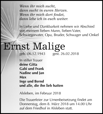 Traueranzeige von Ernst Malige von Mitteldeutsche Zeitung Bernburg