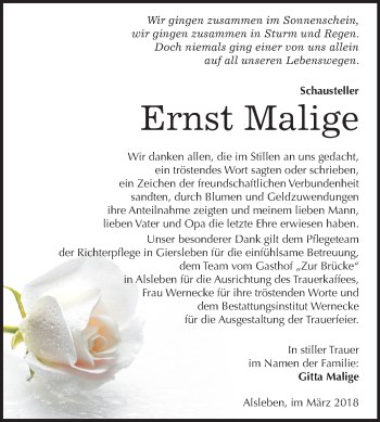 Traueranzeige von Ernst Malige von Mitteldeutsche Zeitung