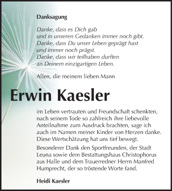 Traueranzeige von Erwin Kaesler von Mitteldeutsche Zeitung Merseburg/Querfurt