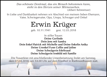 Traueranzeige von Erwin Krüger von WVG - Wochenspiegel SGH