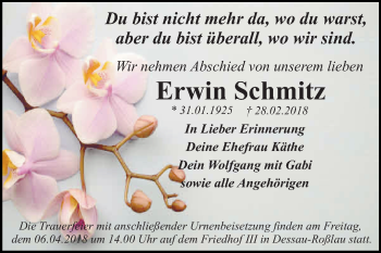 Traueranzeige von Erwin Schmitz von Mitteldeutsche Zeitung Dessau-Roßlau