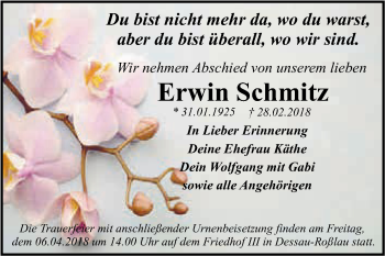 Traueranzeige von Erwin Schmitz von WVG - Wochenspiegel Dessau / Köthen