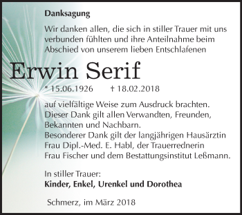 Traueranzeige von Erwin Serif von Mitteldeutsche Zeitung Bitterfeld