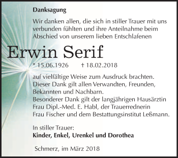 Traueranzeige von Erwin Serif von WVG - Wochenspiegel Bitterfeld