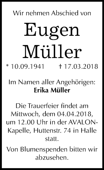 Traueranzeige von Eugen Müller von Mitteldeutsche Zeitung Halle/Saalkreis