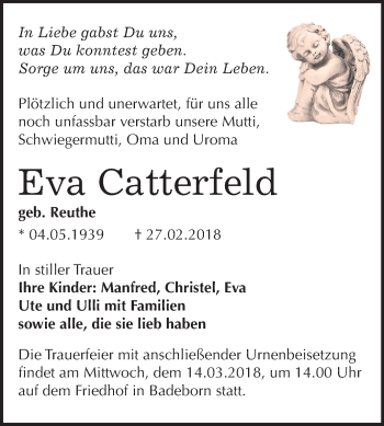 Traueranzeige von Eva Catterfeld von Mitteldeutsche Zeitung