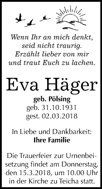 Traueranzeige von Eva Häger von Mitteldeutsche Zeitung Halle/Saalkreis