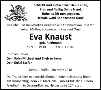 Traueranzeige von Eva Knaust von Mitteldeutsche Zeitung Dessau-Roßlau