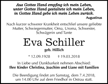 Traueranzeige von Eva Schiller von Mitteldeutsche Zeitung Halle/Saalkreis