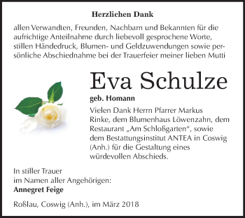 Traueranzeige von Eva Schulze von Mitteldeutsche Zeitung Dessau-Roßlau