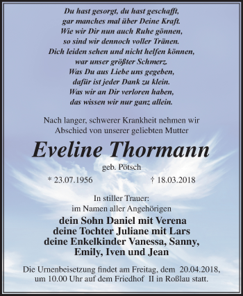 Traueranzeige von Eveline Thormann von Mitteldeutsche Zeitung Dessau-Roßlau