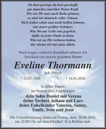 Traueranzeige von Eveline Thormann von WVG - Wochenspiegel Dessau / Köthen