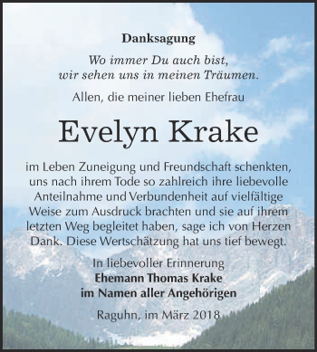 Traueranzeige von Evelyn Krake von WVG - Wochenspiegel Bitterfeld