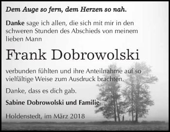 Traueranzeige von Frank Dobrowolski von Super Sonntag SGH Mansf. Land
