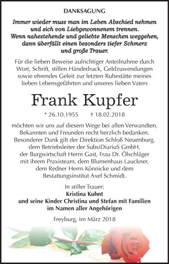 Traueranzeige von Frank Kupfer von Mitteldeutsche Zeitung