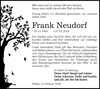 Traueranzeige von Frank Neudorf von WVG - Wochenspiegel Wittenberg