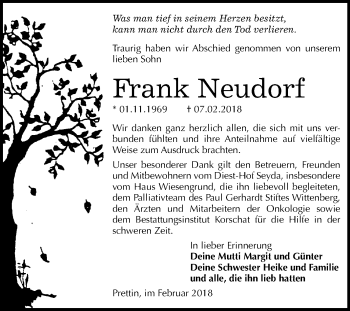 Traueranzeige von Frank Neudorf von Mitteldeutsche Zeitung