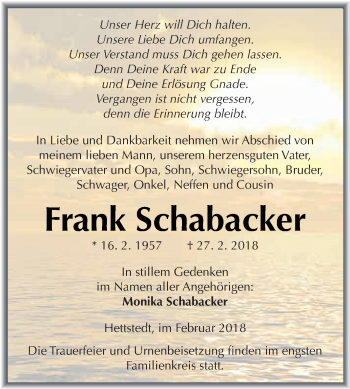 Traueranzeige von Frank Schabacker von Wochenspiegel Mansfelder Land