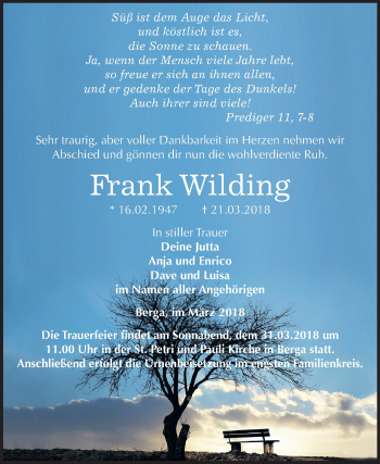 Traueranzeige von Frank Wilding von Mitteldeutsche Zeitung Sangerhausen