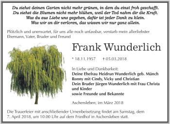 Traueranzeige von Frank Wunderlich von Super Sonntag Aschersleben