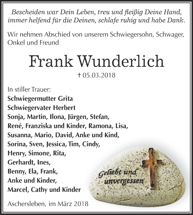  Traueranzeige für Frank Wunderlich vom 17.03.2018 aus WVG - Wochenspiegel Aschersleben
