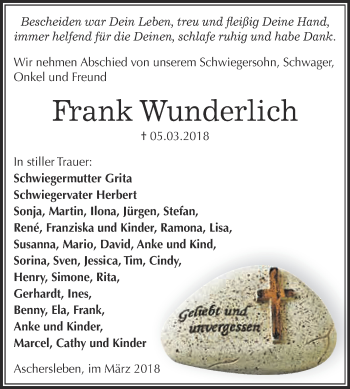 Traueranzeige von Frank Wunderlich von WVG - Wochenspiegel Aschersleben