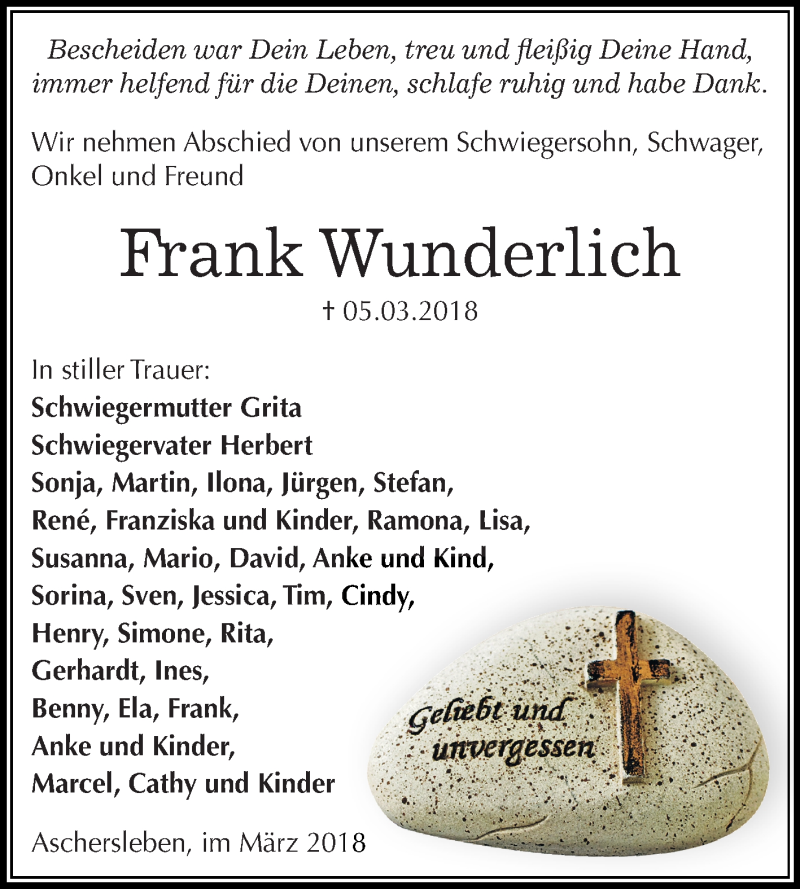  Traueranzeige für Frank Wunderlich vom 17.03.2018 aus Mitteldeutsche Zeitung Aschersleben