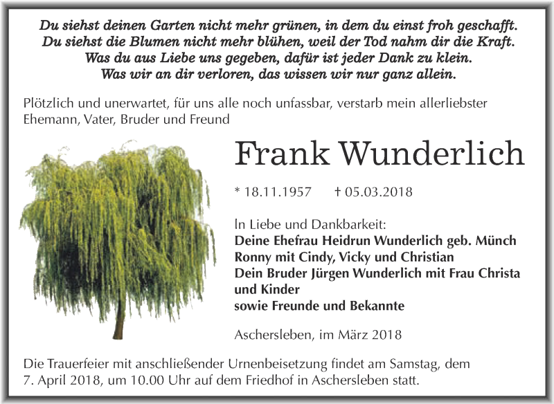  Traueranzeige für Frank Wunderlich vom 24.03.2018 aus Super Sonntag Aschersleben