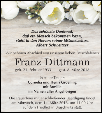 Traueranzeige von Franz Dittmann von Mitteldeutsche Zeitung Halle/Saalkreis
