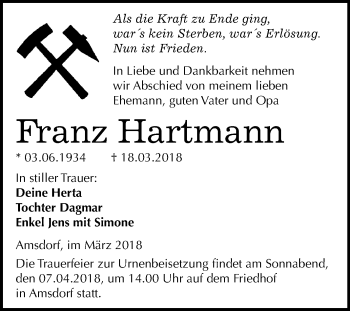Traueranzeige von Franz Hartmann von Mitteldeutsche Zeitung