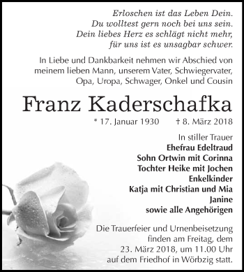 Traueranzeige von Franz Kaderschafka von WVG - Wochenspiegel Dessau / Köthen