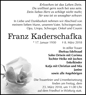 Traueranzeige von Franz Kaderschafka von Mitteldeutsche Zeitung Köthen