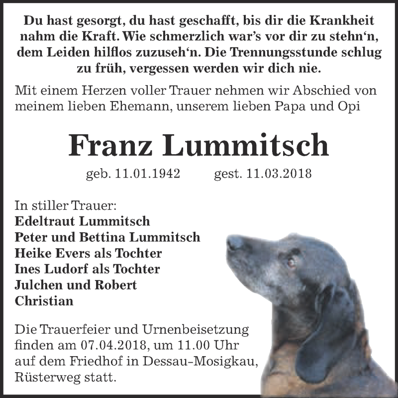  Traueranzeige für Franz Lummitsch vom 17.03.2018 aus WVG - Wochenspiegel Dessau / Köthen
