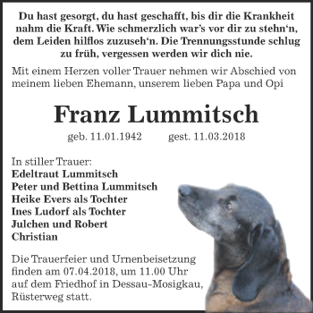 Traueranzeige von Franz Lummitsch von WVG - Wochenspiegel Dessau / Köthen