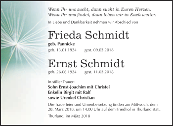 Traueranzeige von Frieda und Ernst Schmidt von WVG - Wochenspiegel Bitterfeld