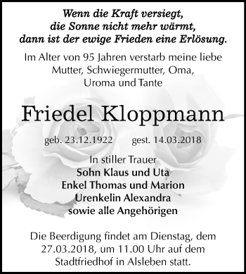 Traueranzeige von Friedel Kloppmann von Mitteldeutsche Zeitung Bernburg