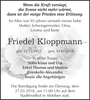 Traueranzeige von Friedel Kloppmann von Super Sonntag Bernburg