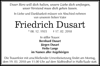 Traueranzeige von Friedrich Dusart von Mitteldeutsche Zeitung Halle/Saalkreis