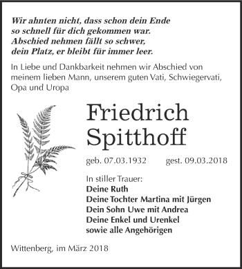 Traueranzeige von Friedrich Spitthoff von WVG - Wochenspiegel Wittenberg