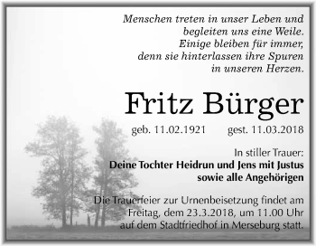 Traueranzeige von Fritz Bürger von WVG - Wochenspiegel Bitterfeld