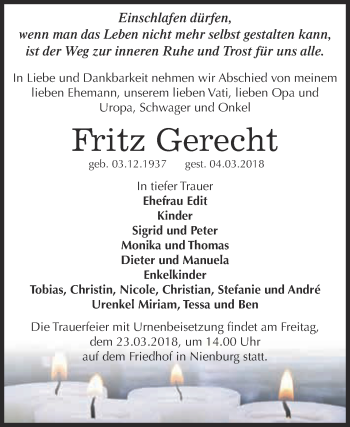 Traueranzeige von Fritz Gerecht von Super Sonntag Bernburg