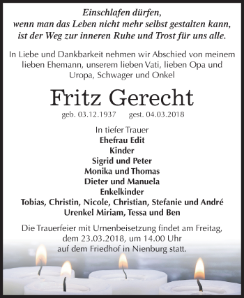 Traueranzeige von Fritz Gerecht von Mitteldeutsche Zeitung Bernburg