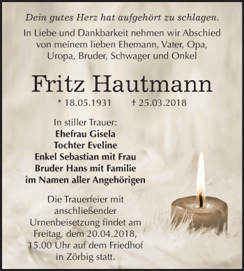 Traueranzeige von Fritz Hautmann von Mitteldeutsche Zeitung Bitterfeld