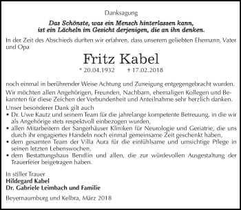 Traueranzeige von Fritz Kabel von Super Sonntag SGH Mansf. Land