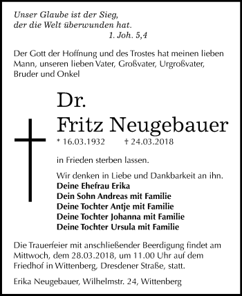 Traueranzeige von Fritz Neugebauer von Mitteldeutsche Zeitung