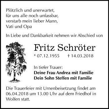 Traueranzeige von Fritz Schröter von Mitteldeutsche Zeitung Bitterfeld