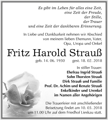 Traueranzeige von Fritz Harold Strauß von Mitteldeutsche Zeitung Halle/Saalkreis